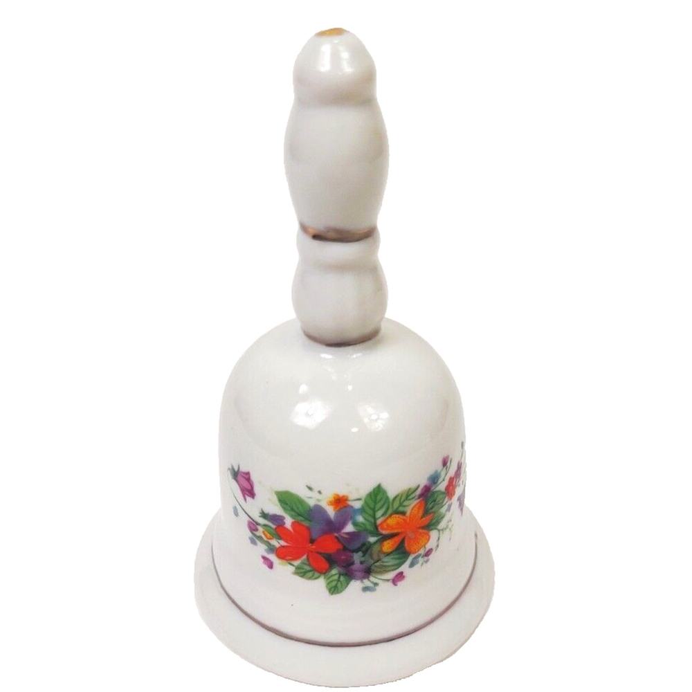 Vintage Bell 1979 Hand Painted Ceramic Floral Bell w Silver Trim 4"